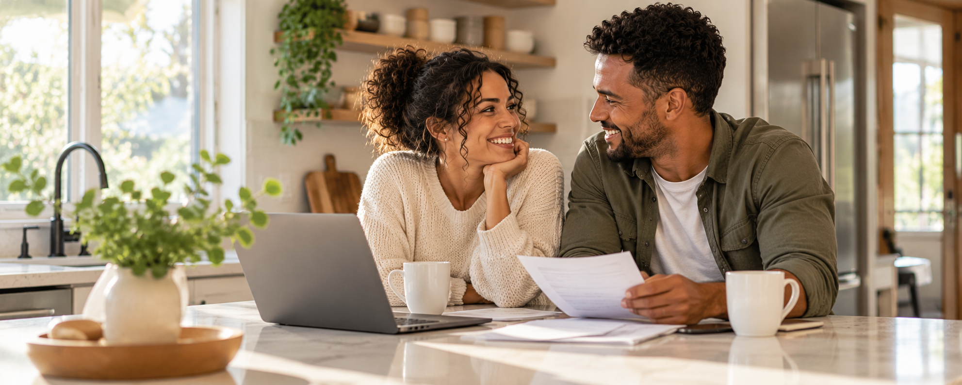 A couple sits together at a kitchen island, smiling while reviewing paperwork beside a laptop. The image accompanies Searcy Friedman Law's article about common law marriage in Colorado. Copy